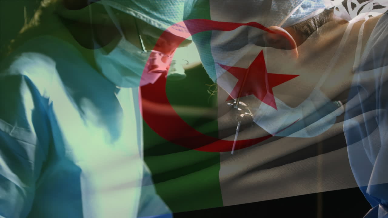 Animation of flag of algeria waving over surgeons in operating theatre