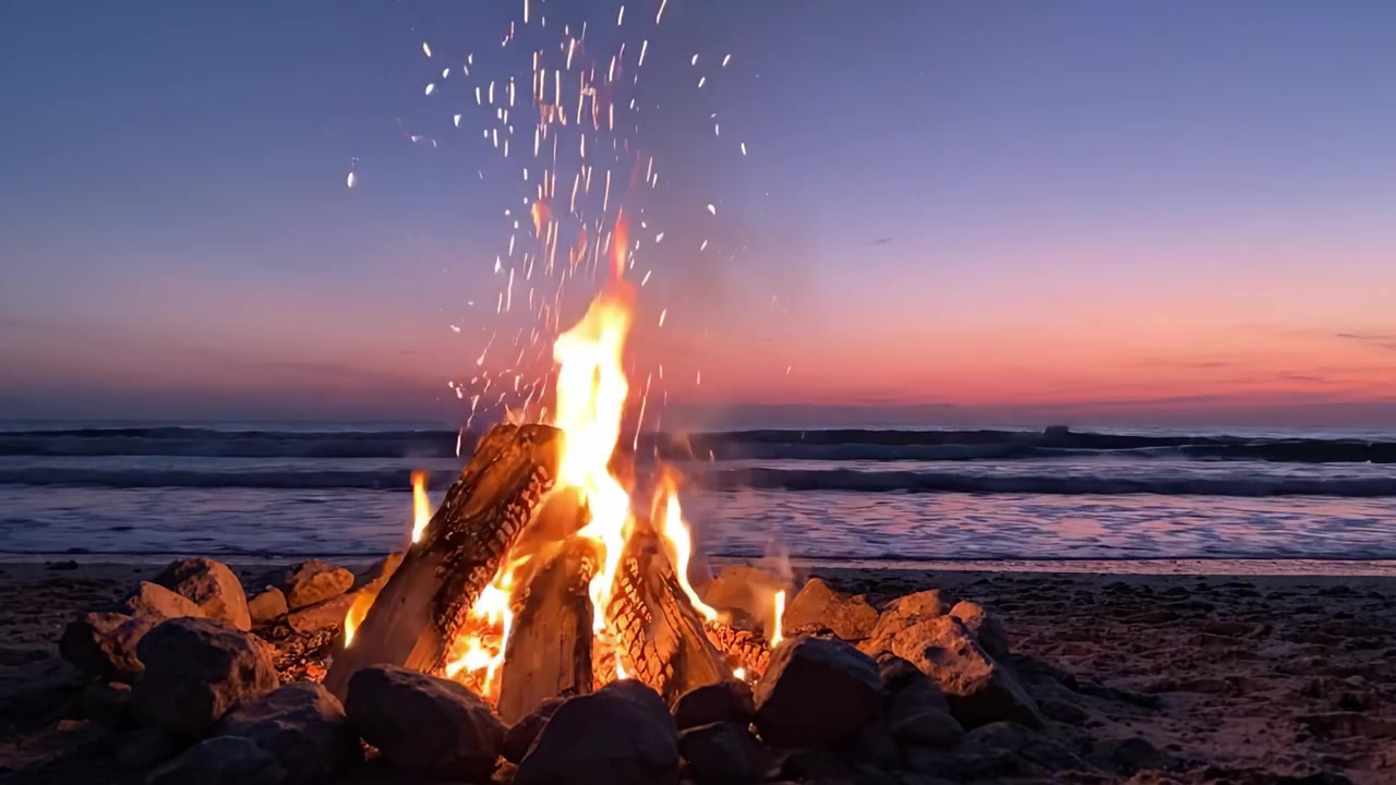 Una serata serena in riva all'oceano: fiamme affascinanti danzano tra le rocce mentre il sole tramonta sul mare tranquillo, creando una splendida atmosfera da falò sulla spiaggia.