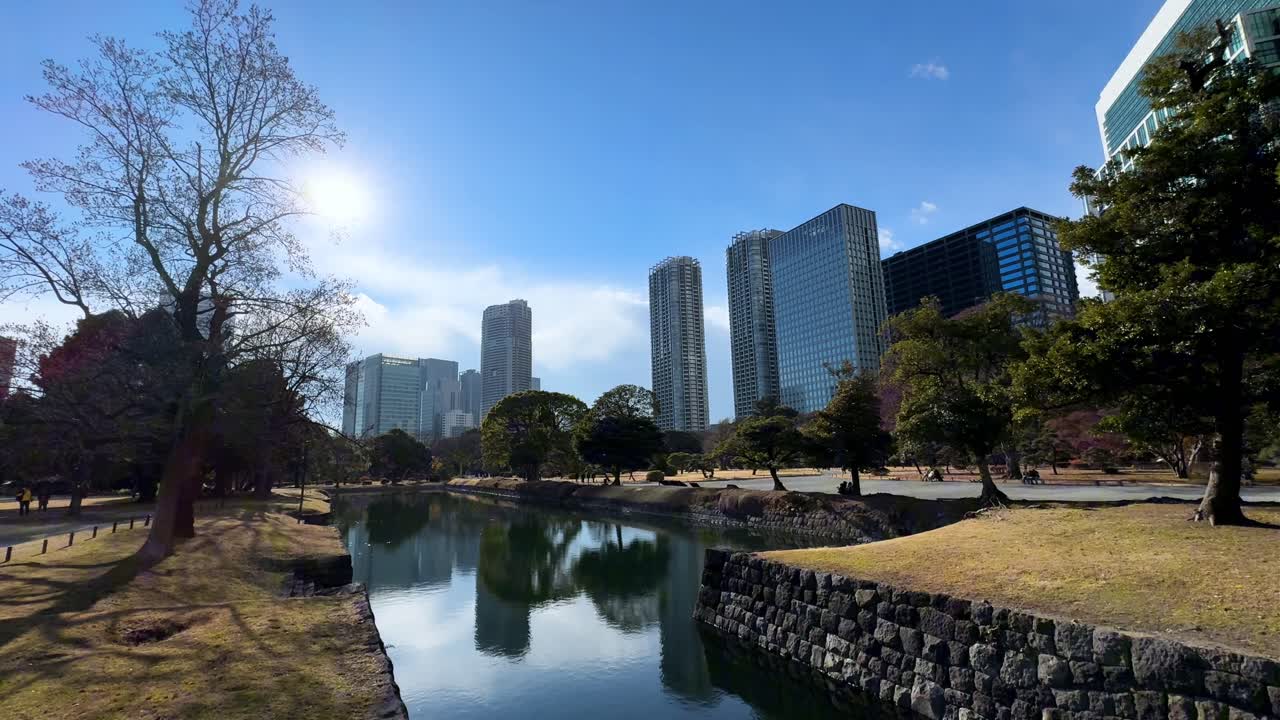 Hama Rikyu Gardens with city skyline, calm canal, blue sky, and serene urban nature
