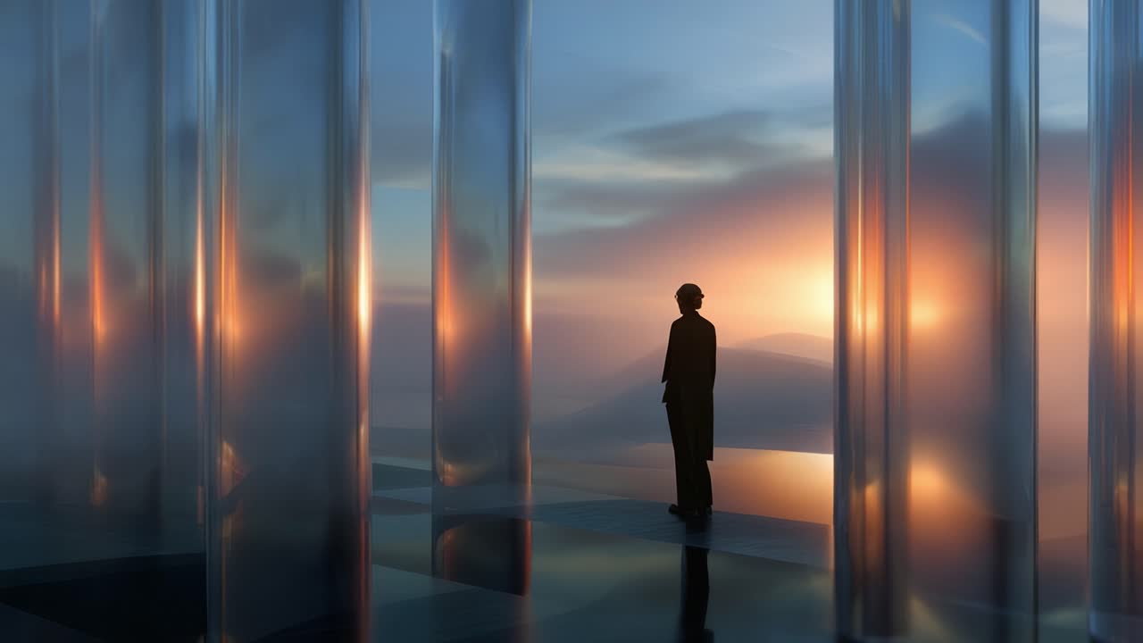 Una figura solitaria si erge in uno spazio riflettente circondata da pilastri verticali, che guarda verso un tramonto vibrante su un paesaggio sereno, evocando solitudine e contemplazione.