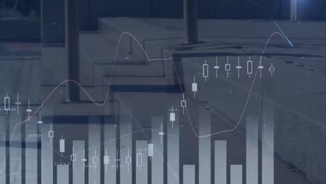 Animation-Mehrerer-Diagramme-Im-Zeitraffer-Von-Menschen,-Die-Auf-Stufen-In-Der-Stadt-Gehen