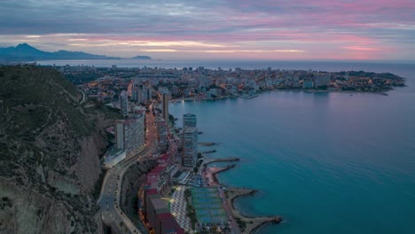 drone hyperlapse on the spanish coast in alicante before sunrise