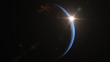 Spectacular-3D-computer-generated-render-of-an-Earth-sunrise-from-space,-as-we-orbit-from-the-dark-side-of-the-planet-to-see-the-Sun-emerge-with-a-flare