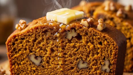 Deliciously Moist Pumpkin Bread with Butter and Nuts: A Tempting Treat that Invites Indulgence with Every Slice, Perfect for Fall Gatherings and Cozy Evenings