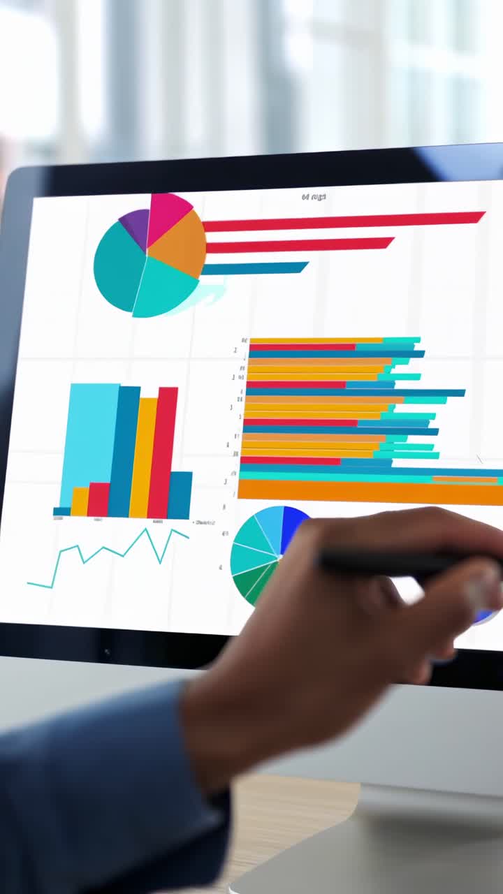 Nærbildevideo av en person som analyserer fargerike grafer på en dataskjerm