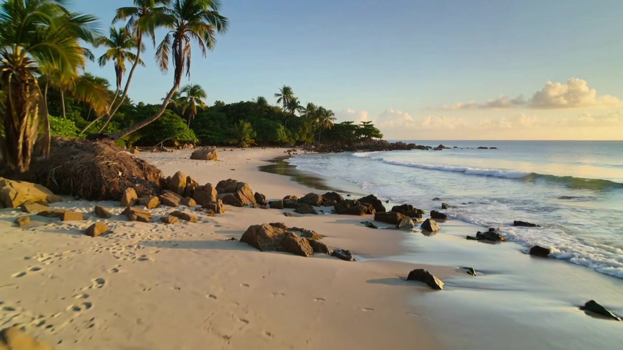 Câmera avançando, revelando orla arenosa curva ao nascer do sol, mostrando areia molhada, coqueiral.