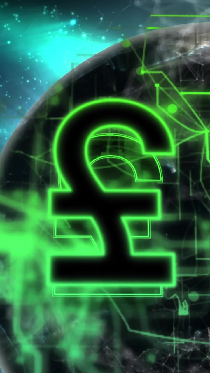 Animazione di segno della valuta della sterlina illuminato con punti connessi su globi.