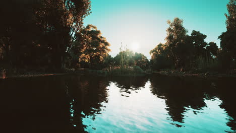 serene river reflections at sunset with trees lining the bank