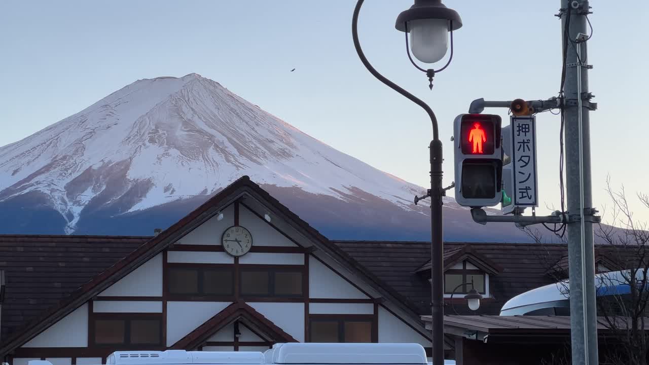 Mount Fuji View From Fujikawaguchiko Town Building and Pedestrian Stop Street Sign, Japan