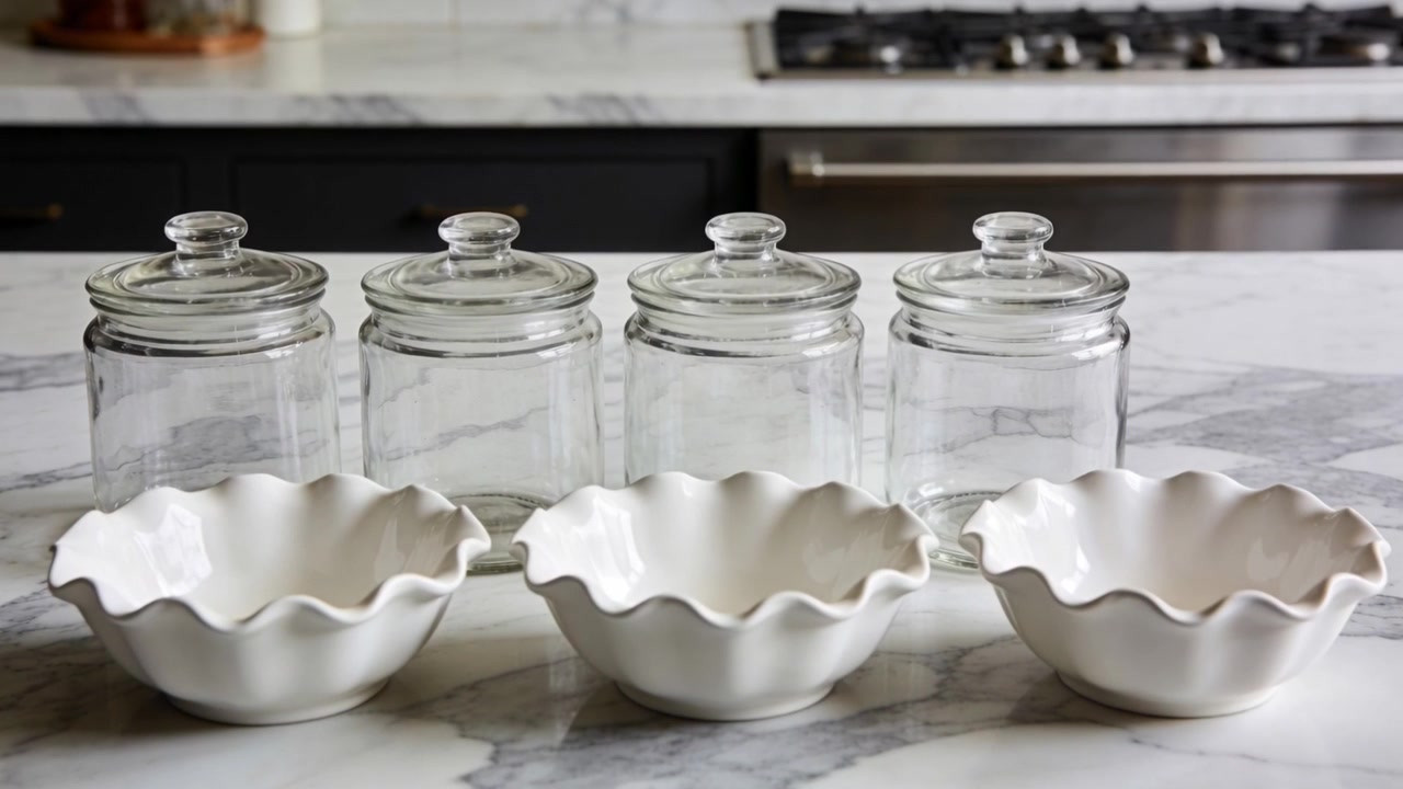 Moving camera capturing 3 scalloped bowls and four clear glass canisters in kitchen showing setup