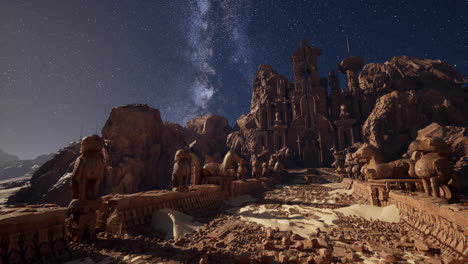 ancient ruins in a desert under the milky way