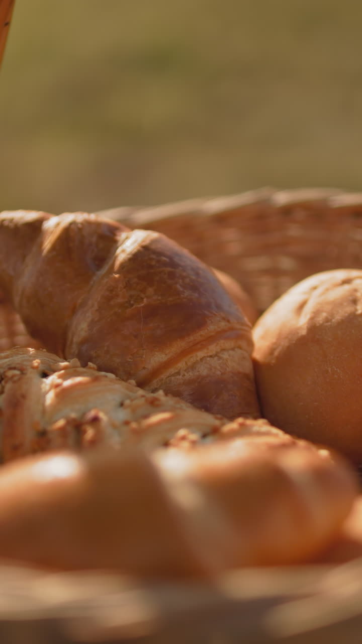 primer plano de bocadillos horneados dorados en una canasta de picnic tejida con tela suave, colocados en heno con sombrero tejido cerca, campo de campo iluminado por el sol en un fondo borroso