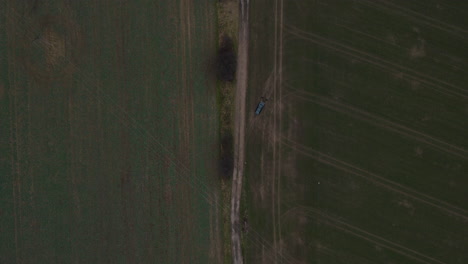 volando sobre un camino forestal que rodea los campos con líneas eléctricas