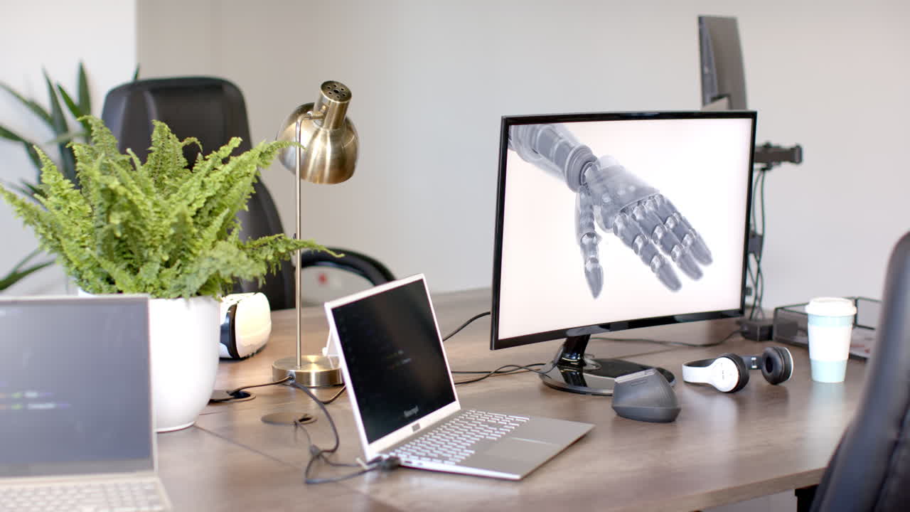 Working in modern office, laptop and monitor displaying robotic hand on desk