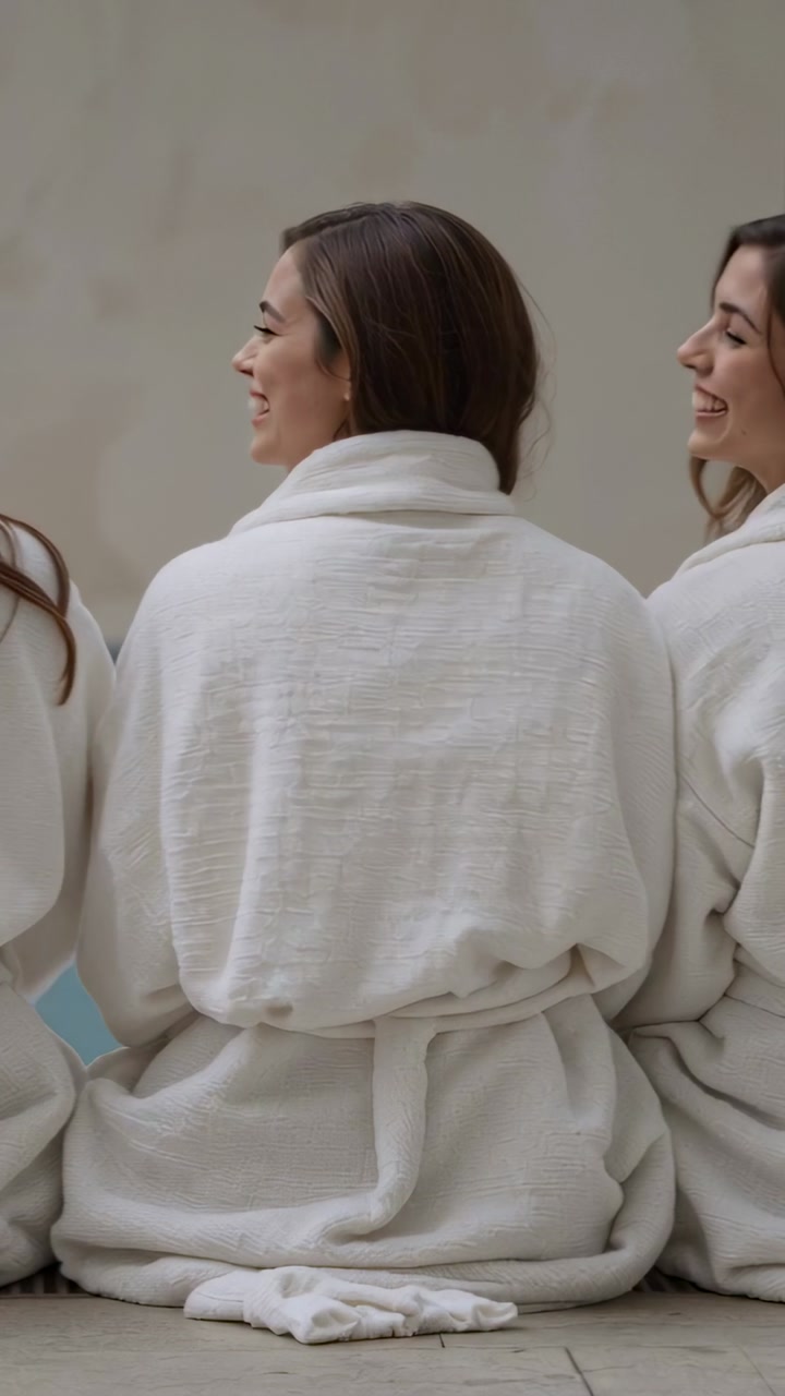 Three women sitting on floor in spa robes, left woman gesturing, center woman turning, conversing