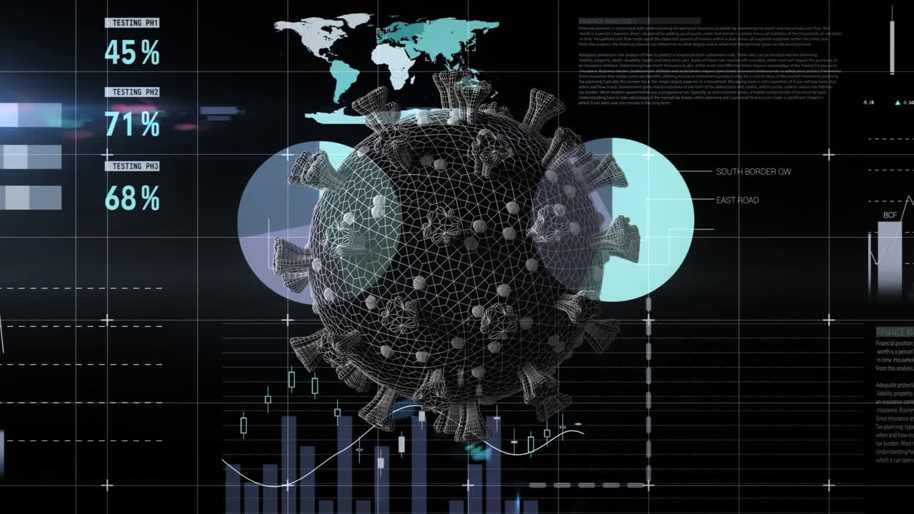 Animation of rotating brain over digital model of human brain and data processing on black