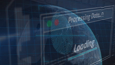 animation of data processing, binary fingerprint and globe