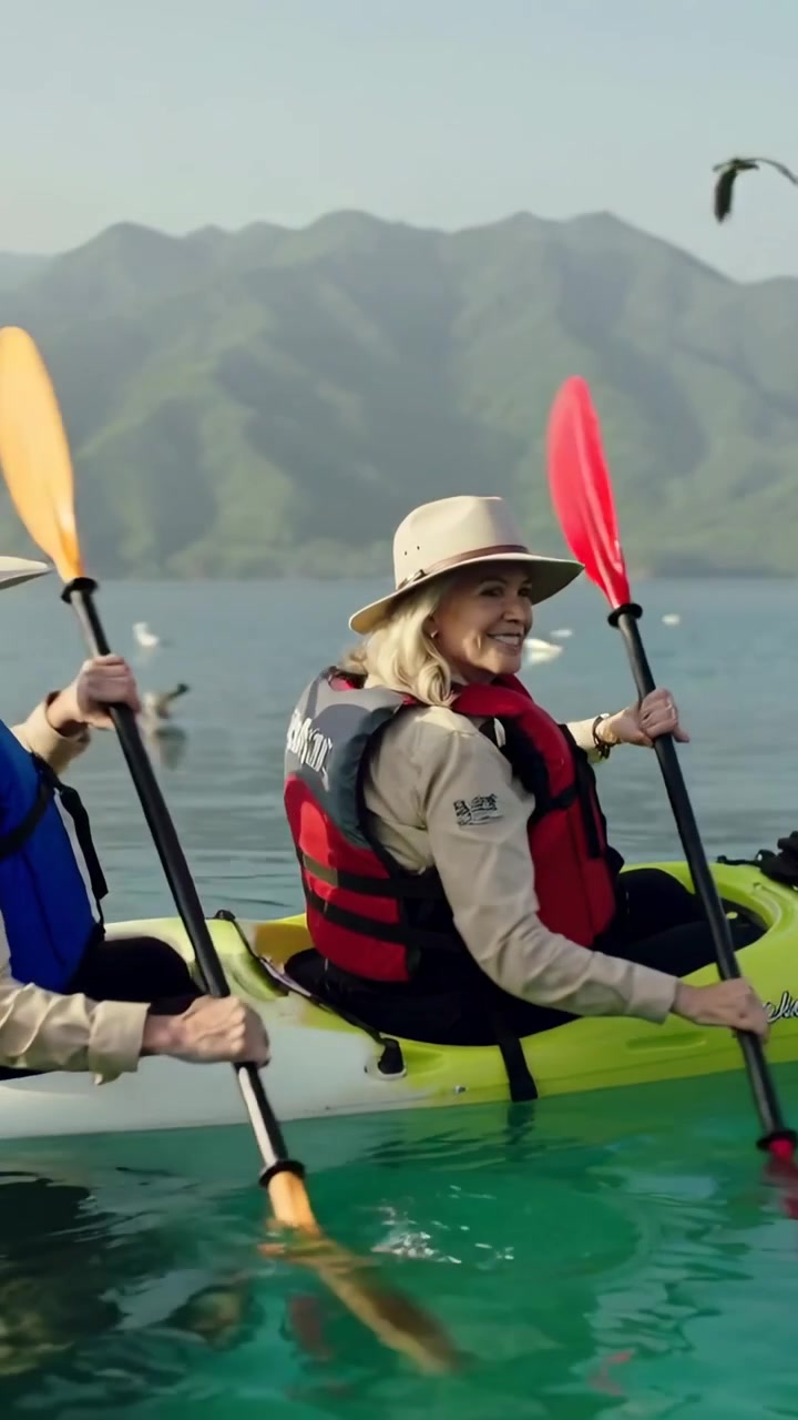Video verticale: Donna che pagaia con un cappello a tesa larga in kayak nella baia, un uccello che vola verso di loro, la coppia che si accorge.