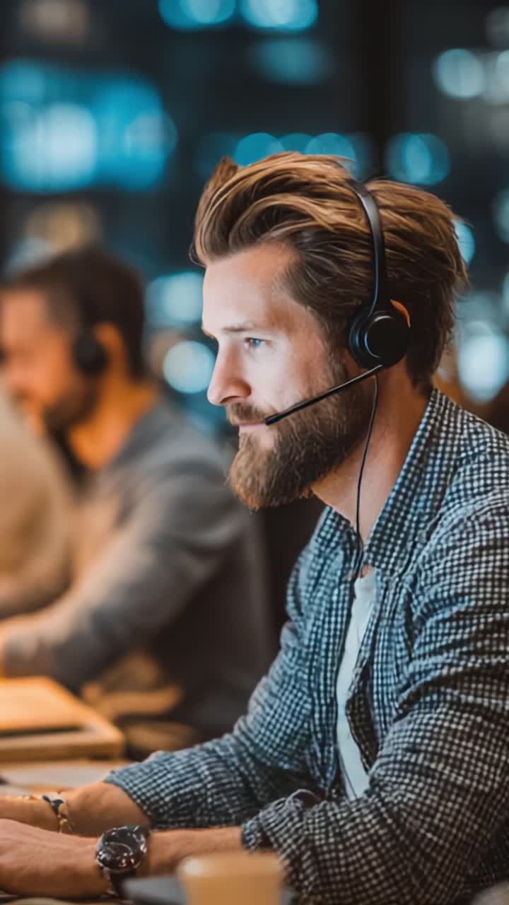 Fokusert operatør engasjert i kommunikasjon via headset, som demonstrerer profesjonalitet og konsentrasjon i et moderne arbeidsområde med omgivelsesbelysning