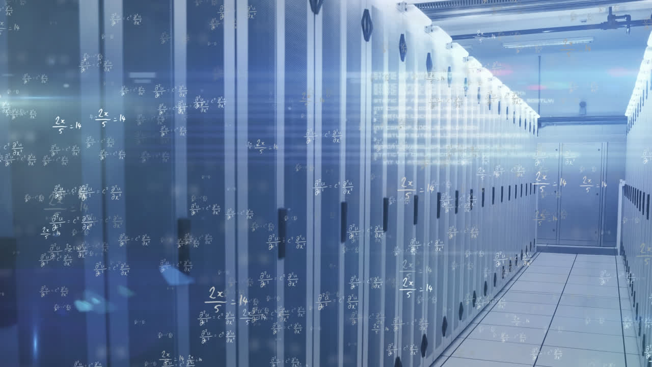 Animation of mathematical equations floating over an empty server room
