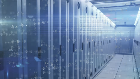 animation of mathematical equations floating over an empty server room