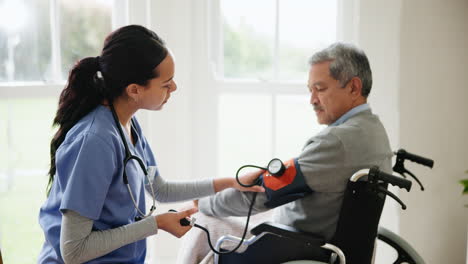 Blood-pressure,-nurse-and-senior-man-in-wheelchair