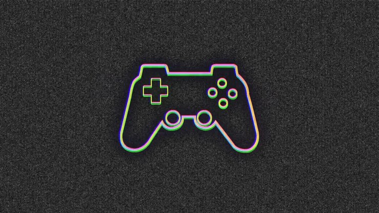 Animation of glitch effect over video game controller icons against grey textured background