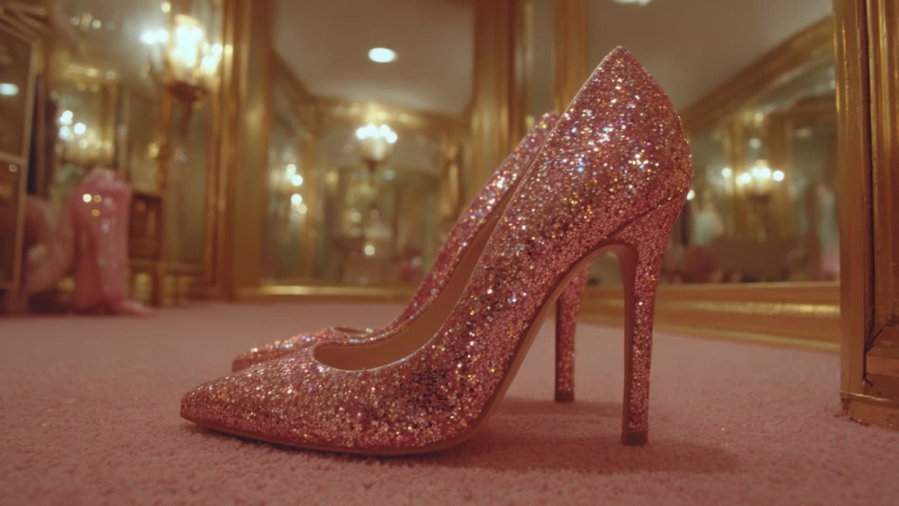 Glimmering Pink Heels on Luxurious Carpet Surrounded by Elegant Golden Reflections Capturing the Essence of Glamour and Fashion in an Opulent Setting