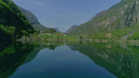 Mountains-and-forest-reflecting-on-calm-lake-water,-aerial-fly-forward-view