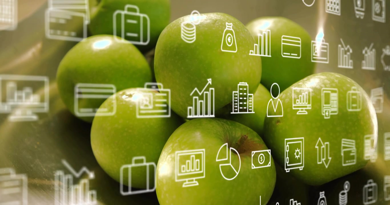 At start cluster of green apples receiving shifting finance icons scanning and highlighting trends