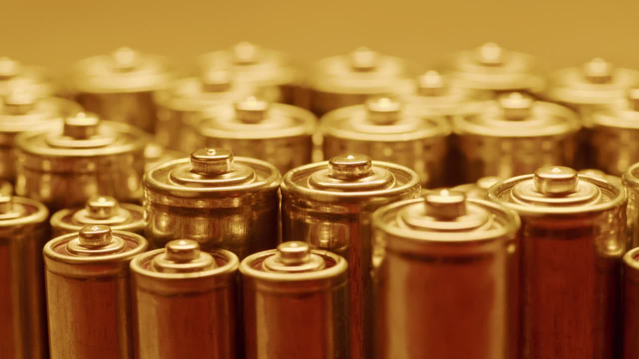 Silver batteries AA and AAA in neon light close-up macro. Double-A battery is a standard size single cell cylindrical dry battery. Batteries are common in portable electronic devices. An AA battery is composed of a single electrochemical cell that may be either a primary battery or a rechargeable ba