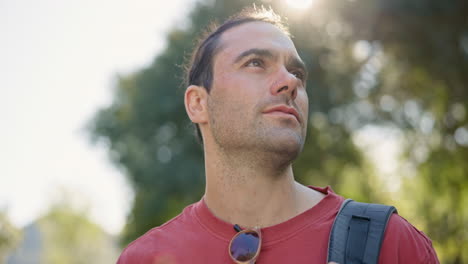 naturaleza, viajes y hombre caminando en un parque para fresco