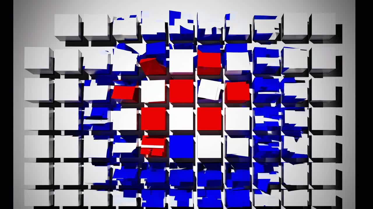 White, red and blue cubes are dynamically arranged on a white background, creating a visually striking abstract composition with a sense of motion and depth