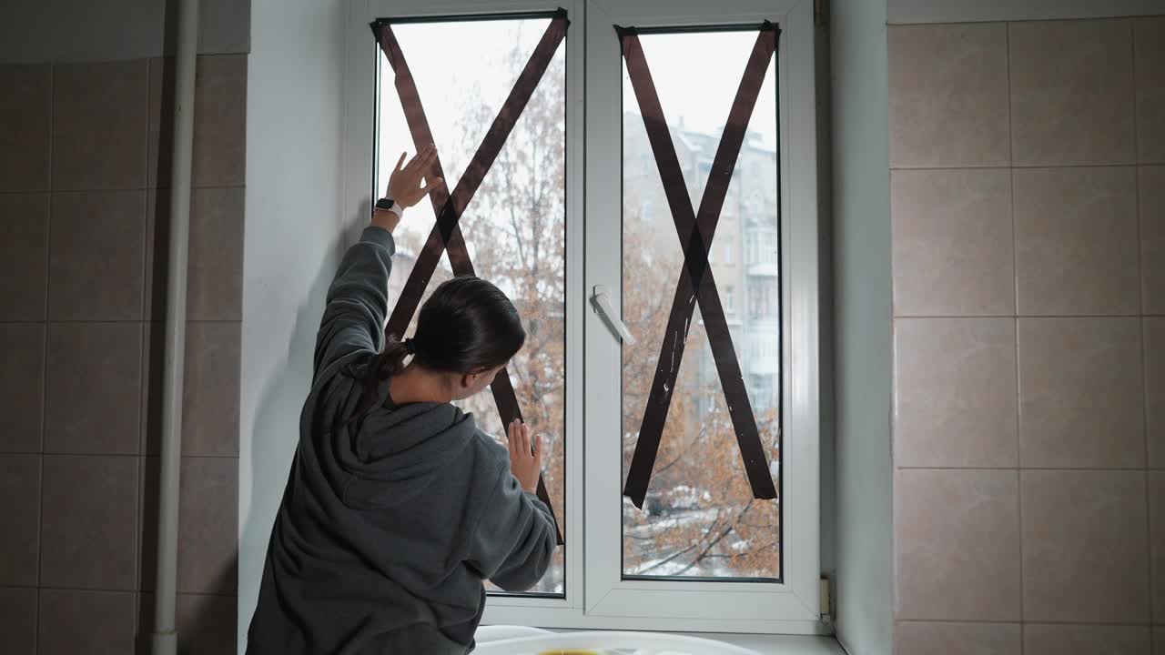 테이프 로 부러진 창문 을 수리 하는 여자