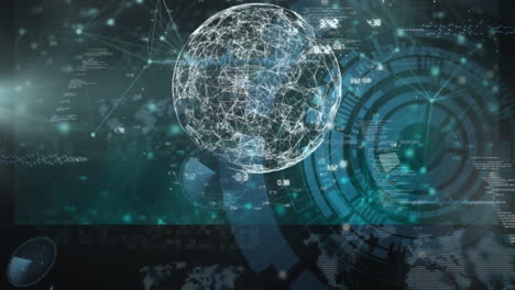 animazione del globo sopra l'elaborazione dei dati e il paesaggio urbano