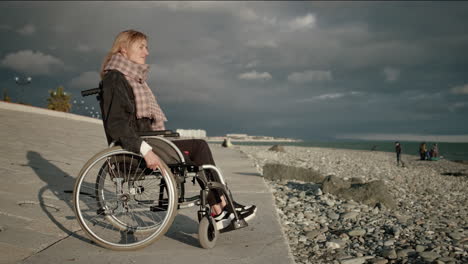 mujer en silla de ruedas en la playa