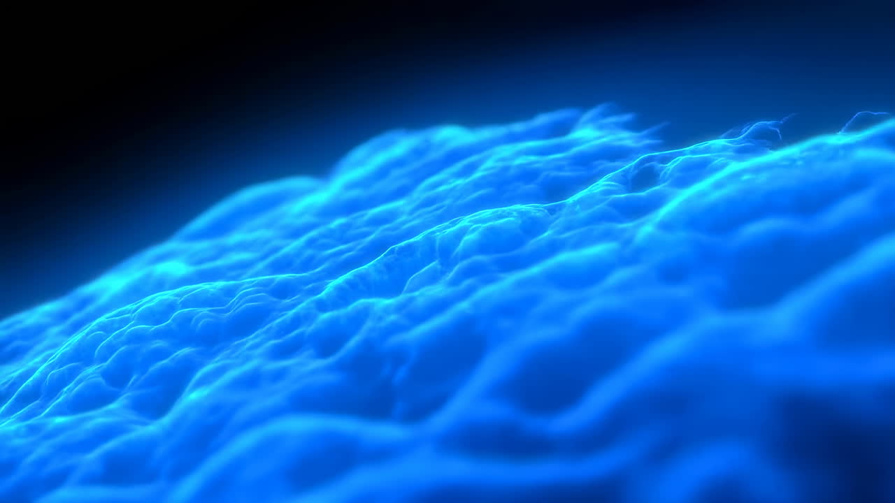 Glowing Blue Fluid Waves Roll Across Dark Studio Closeup Of Bioluminescent Undulating Surface, Cinematic Slow