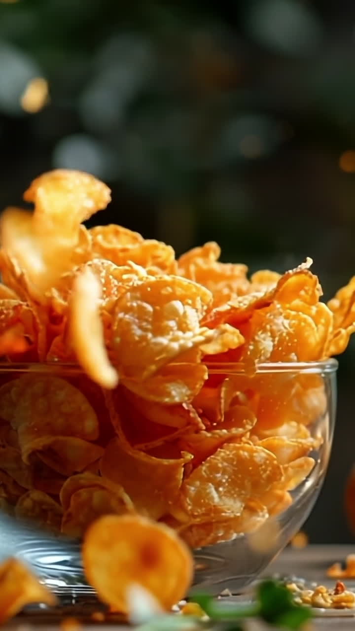 Crispy potato chips flying into a bowl. Delicious potato chips cascade into a glass bowl surrounded by fresh potatoes, capturing a moment of snack preparation.