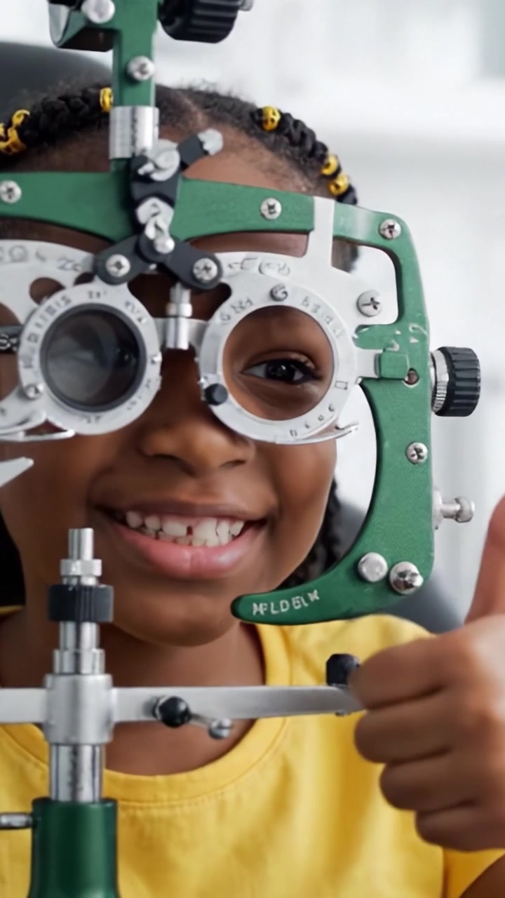 A Young Girl Smiling While Undergoing an Eye Examination, Wearing a Bright Yellow Shirt and Engaging with High-Tech Optical Equipment in a Clinical Setting