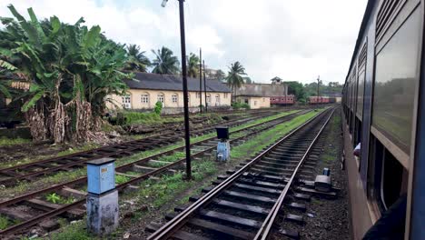 railway tracks surrounded by lush banana trees and historic buildings in kandy, sri lanka, showcasing rural charm and transportation heritage.