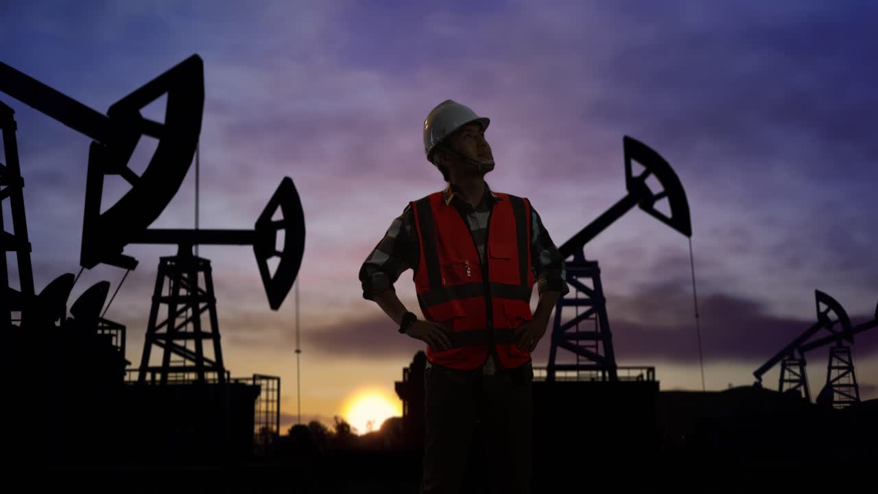 안전 헬을 착용 한 아시아 남성 엔지니어가 해가 지거나 해가 뜨는 시간 동안 기름 프 앞에 팔을 들고 서있는 동안 주위를 둘러보고 있습니다.