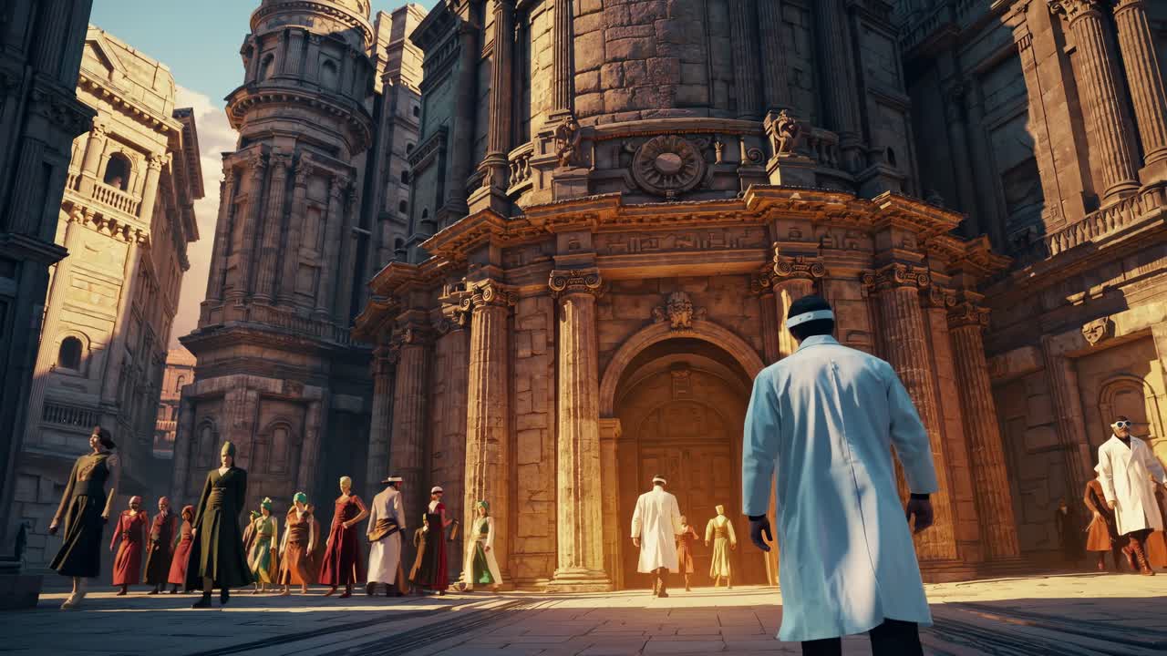 A futuristic video scene with a scientist in a lab coat facing a glowing vortex