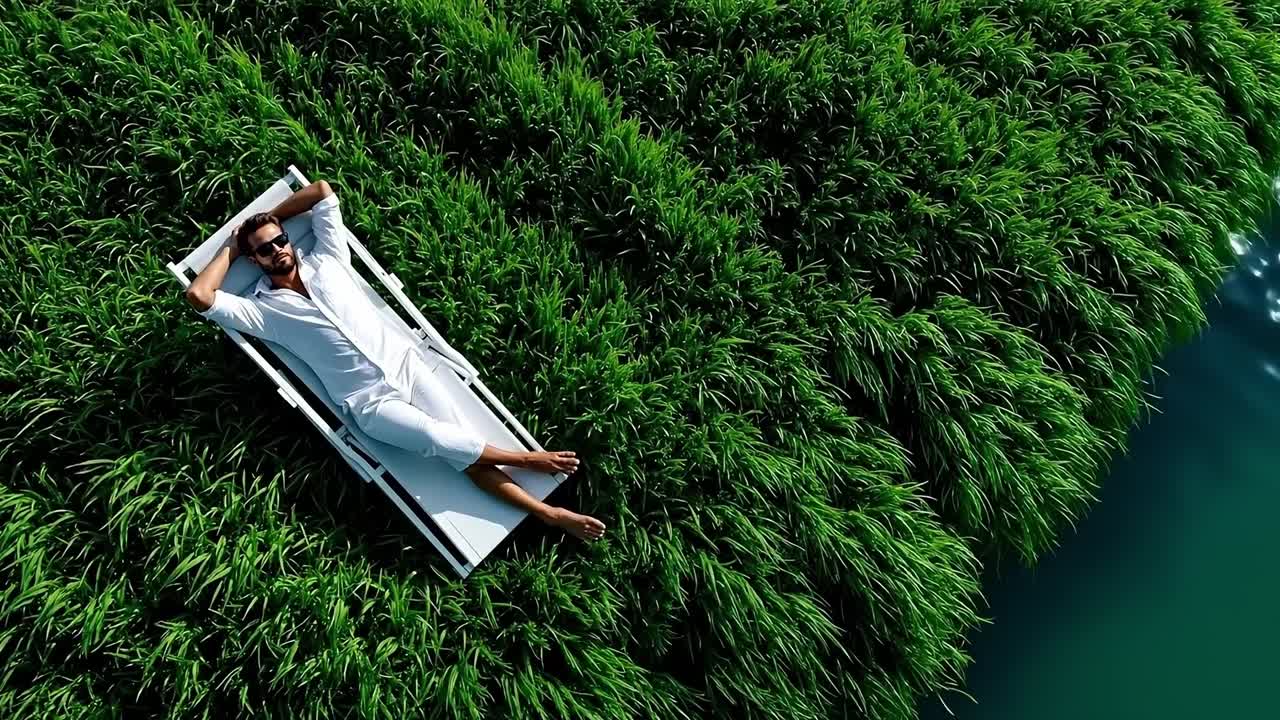 A man laying on a lounge chair in the middle of a lush green field