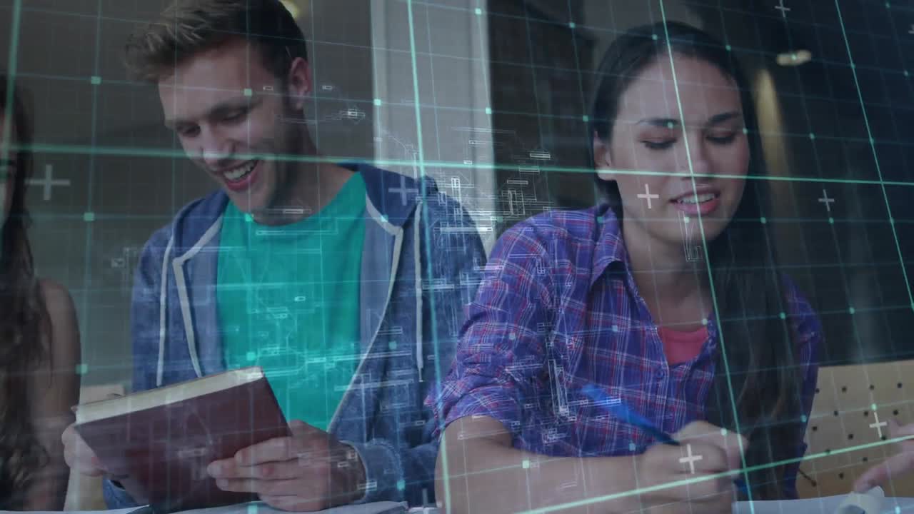 animación de la red de cuadrícula contra un grupo diverso de estudiantes que estudian y discuten en la universidad.