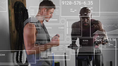 Animation-of-data-processing-and-diagrams-over-diverse-men-exercising-at-gym