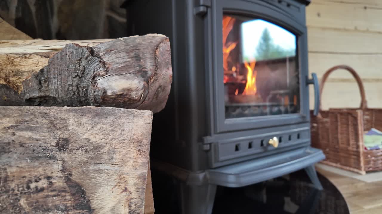 Relaxation in a cozy house with a fire burning in the fireplace