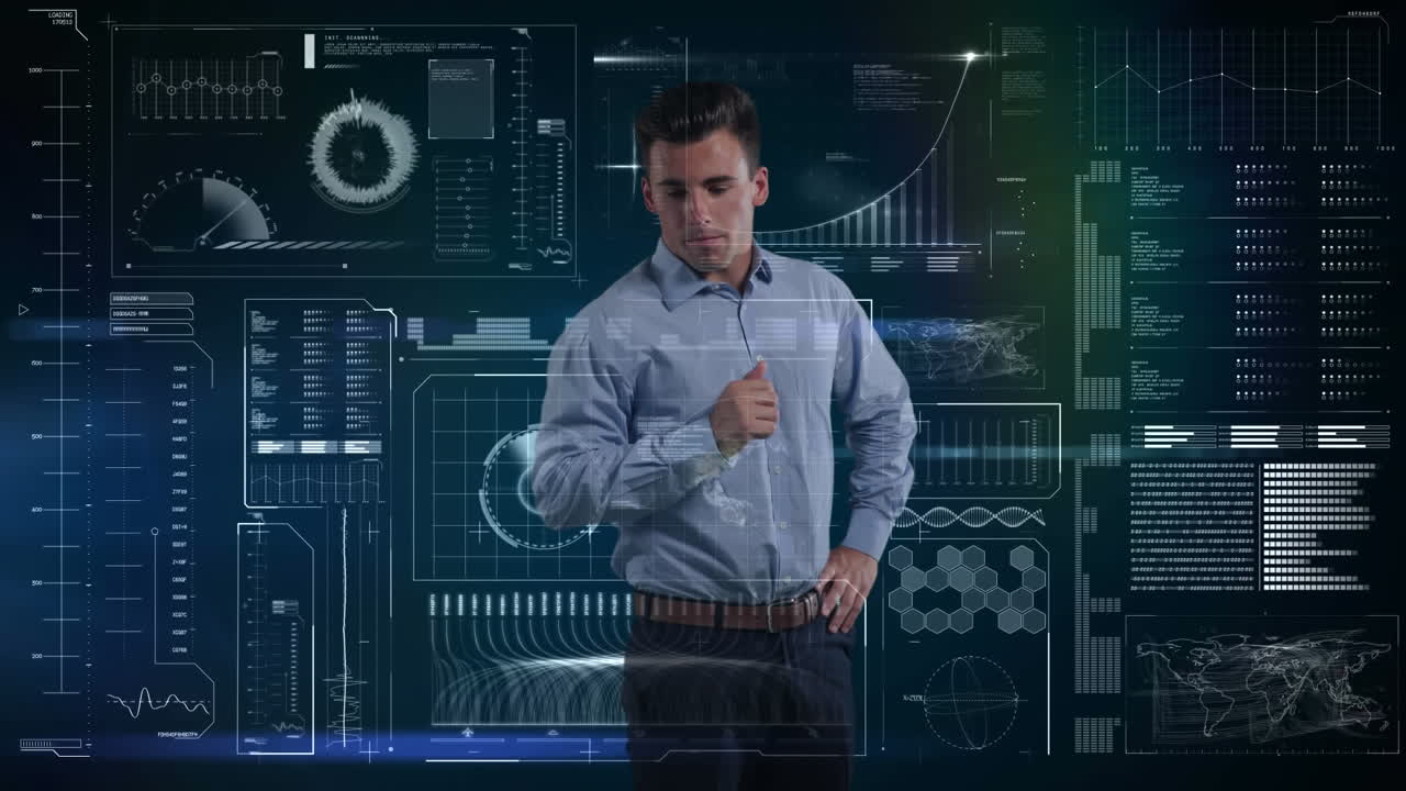 hombre de negocios caucásico que usa tecnología táctil