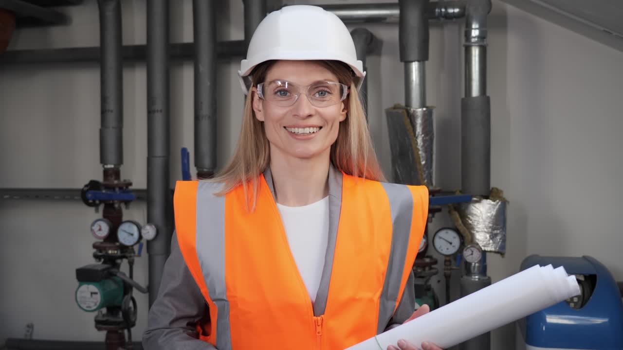 Portrait of confident female engineer of modern industry, Worker wearing safety vest with eyeglass protection holding blueprints in boiler room. Pretty smiling worker in uniform looking to camera.