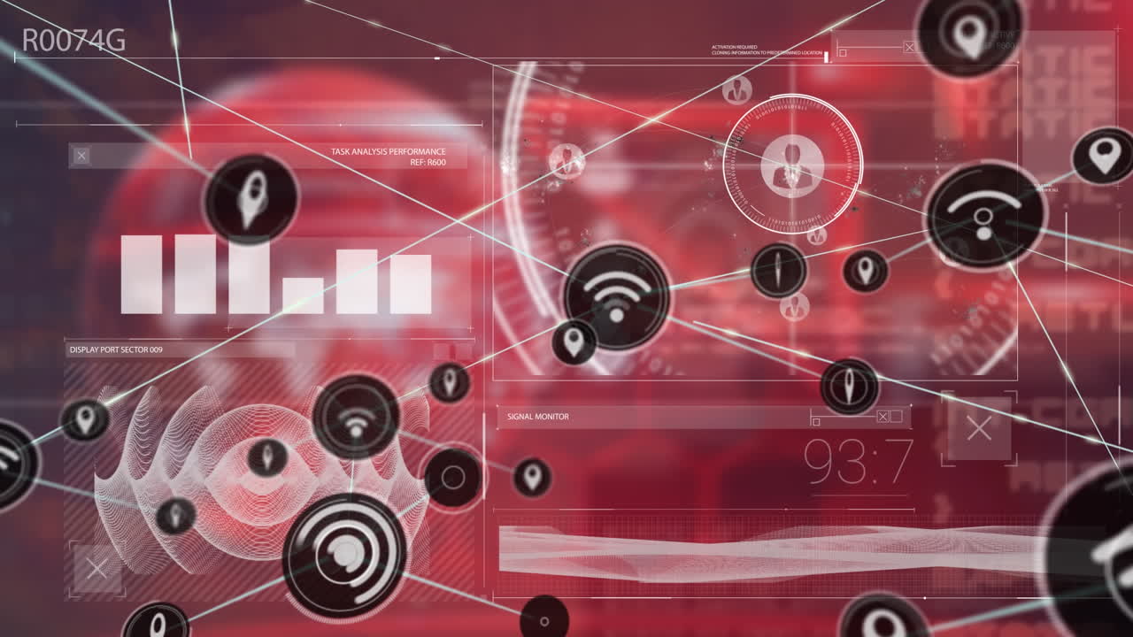 animación de la red de iconos digitales sobre la interfaz con el procesamiento de datos contra un fondo rojo