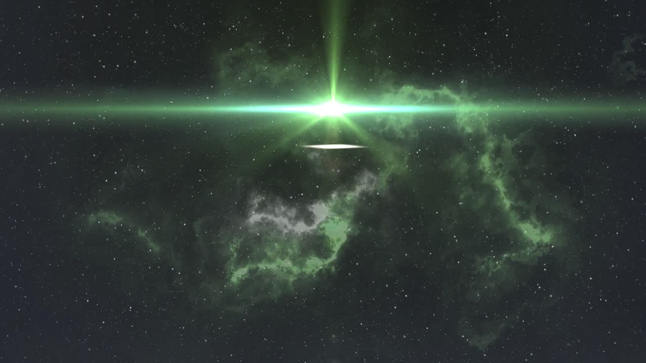 Bright green spot of light moving over white and green nebula in the night sky